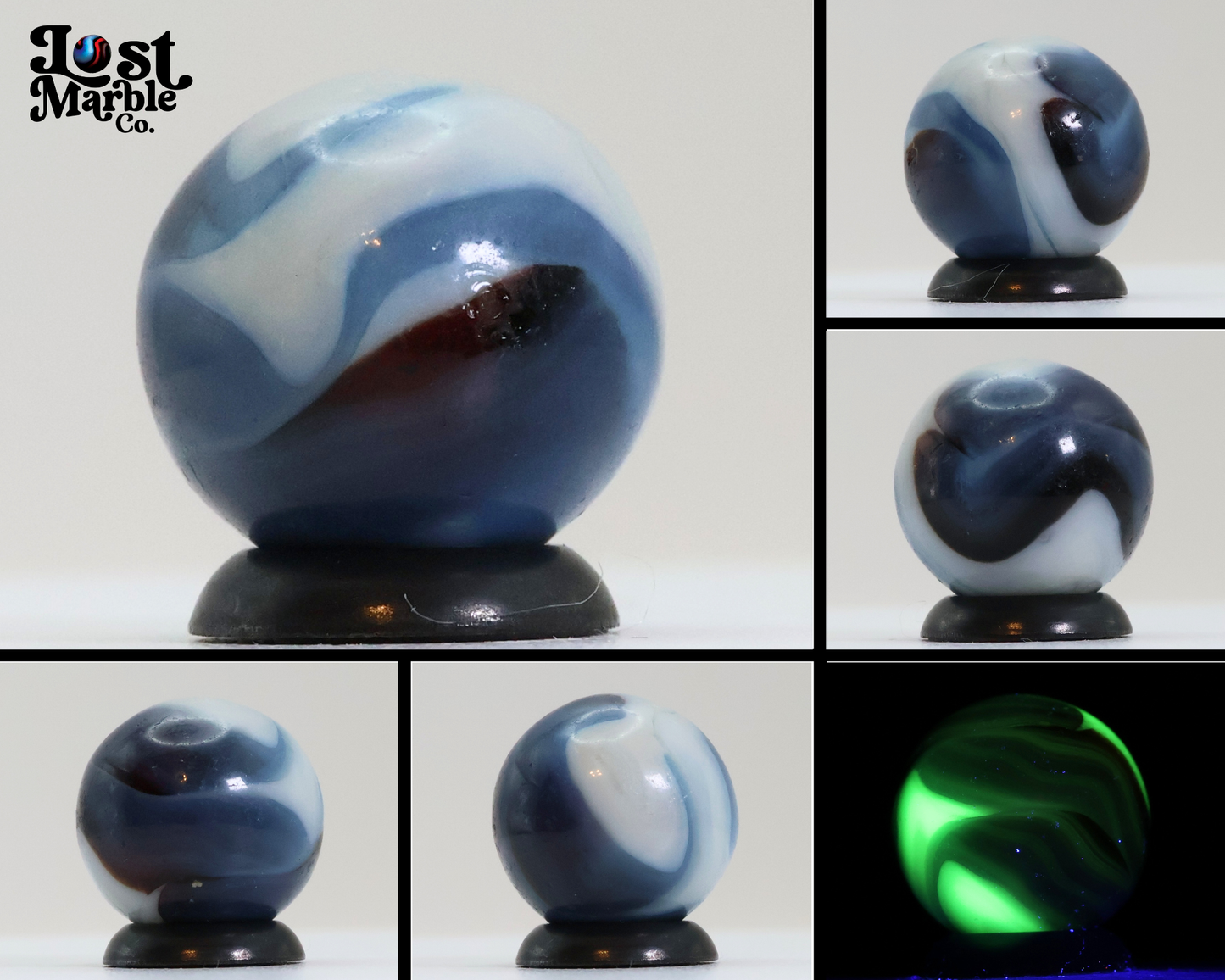 5/8" Swirl Marble Translucent Red base with blue & white Ribbons UV NM-