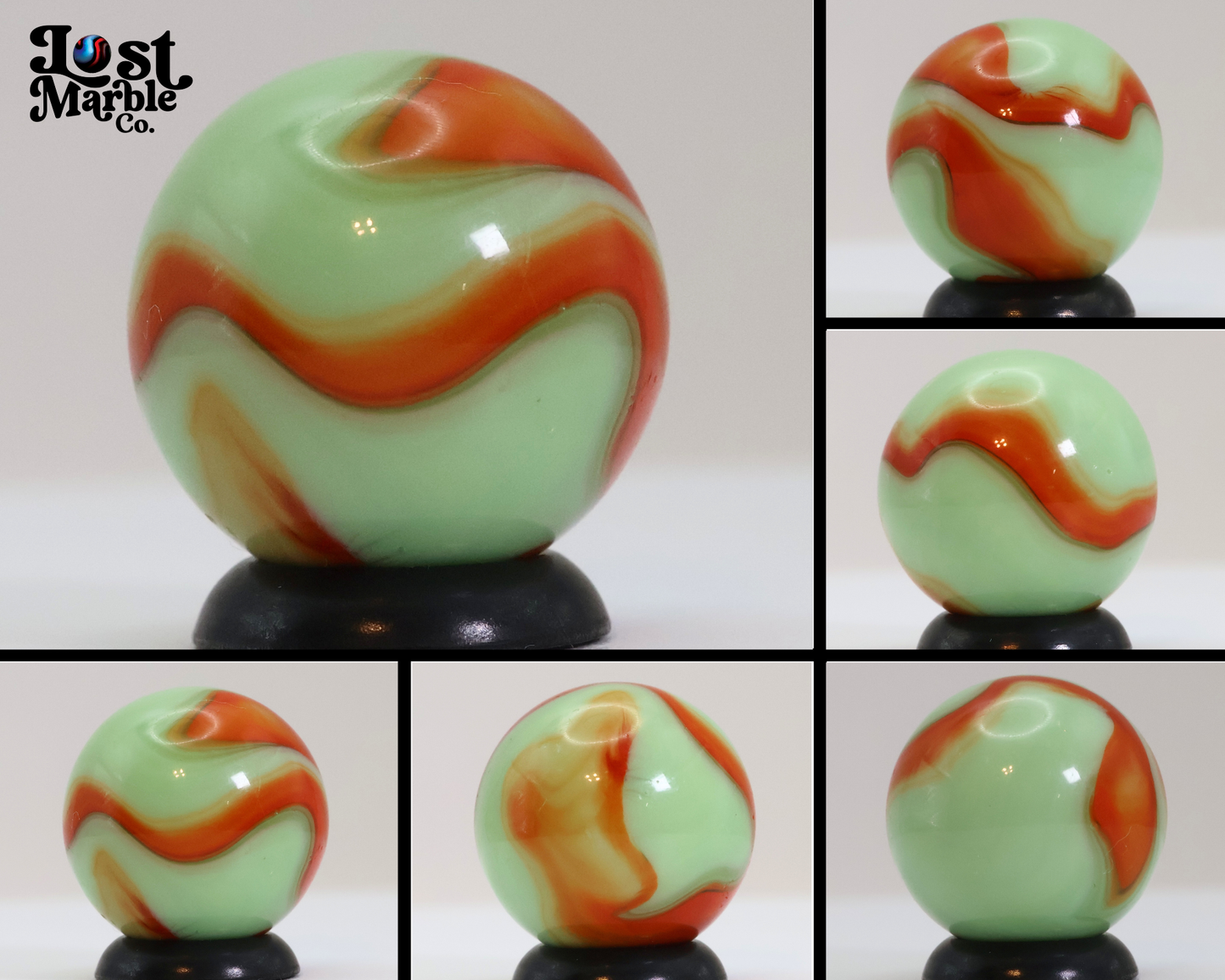 11/16" Drippy Akro Agate Prizename Corkscrew Marble Green & Orange NM++