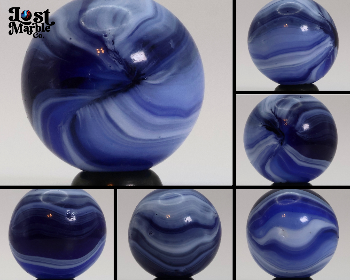 1" Master Marble Shooter Blue Translucent Base with white brushed patch NM-
