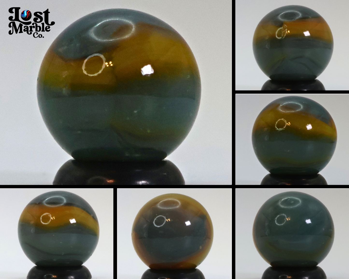 5/8" Peltier Rainbo Marble, Cloudy gray base with yellow ribbons NM+