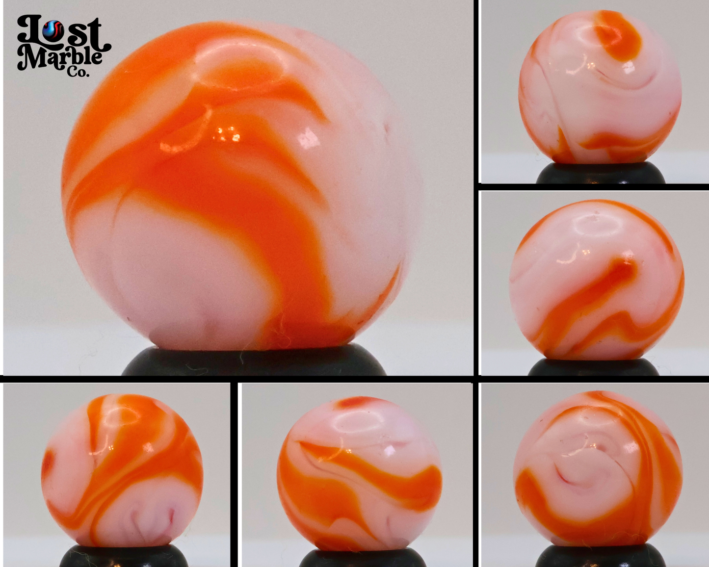 5/8" Swirl Marble orange & white, translucent base NM+