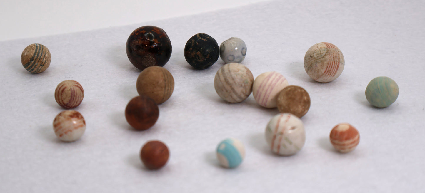 17pcs 7/16" - 7/8" Variety Bennington & China Marbles some glazed some not NM