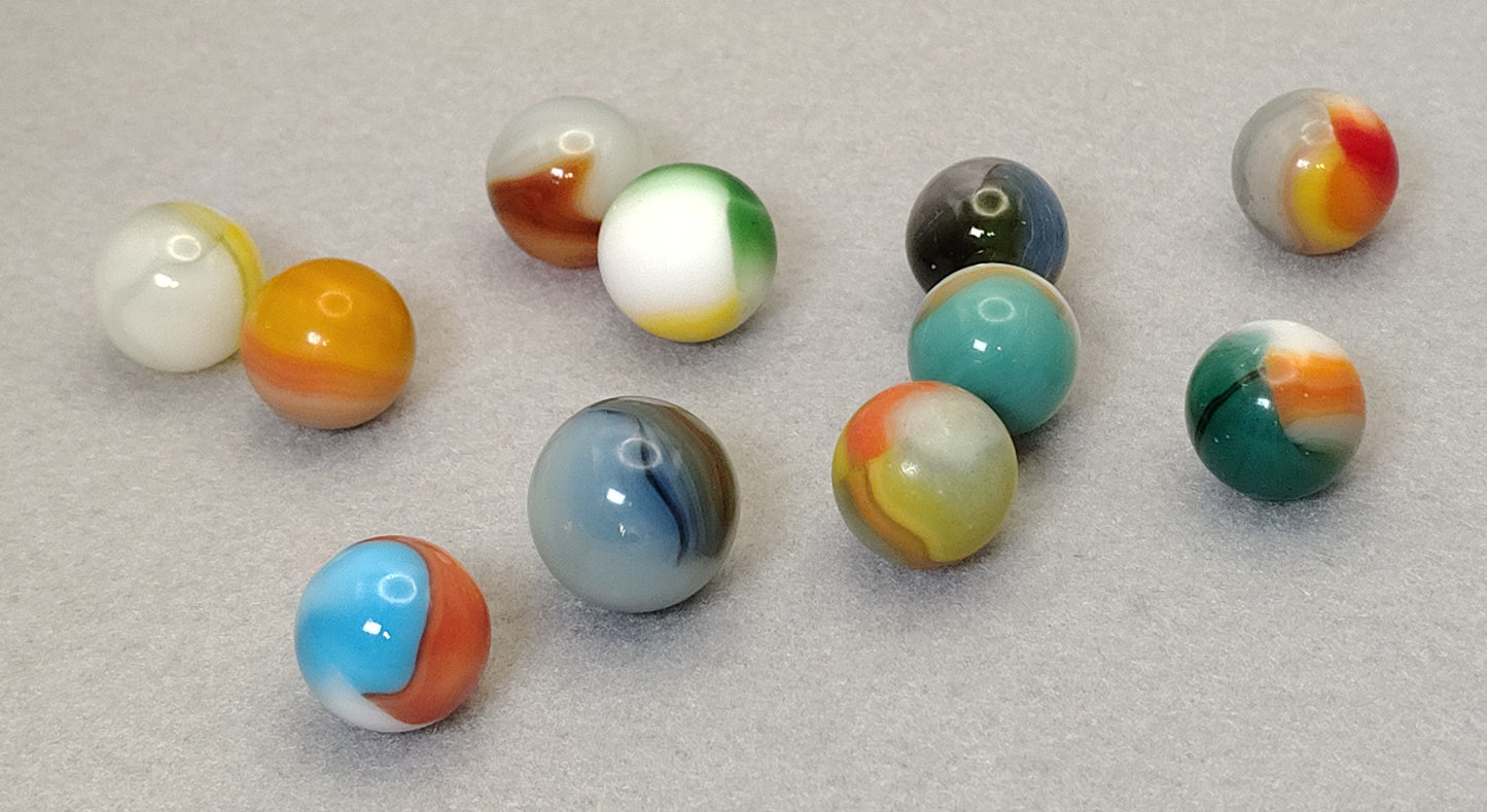 11pk Vitro Agate Marbles w/Retro Colors, some sea tumbled (5/8-0.70") NM- to NM+