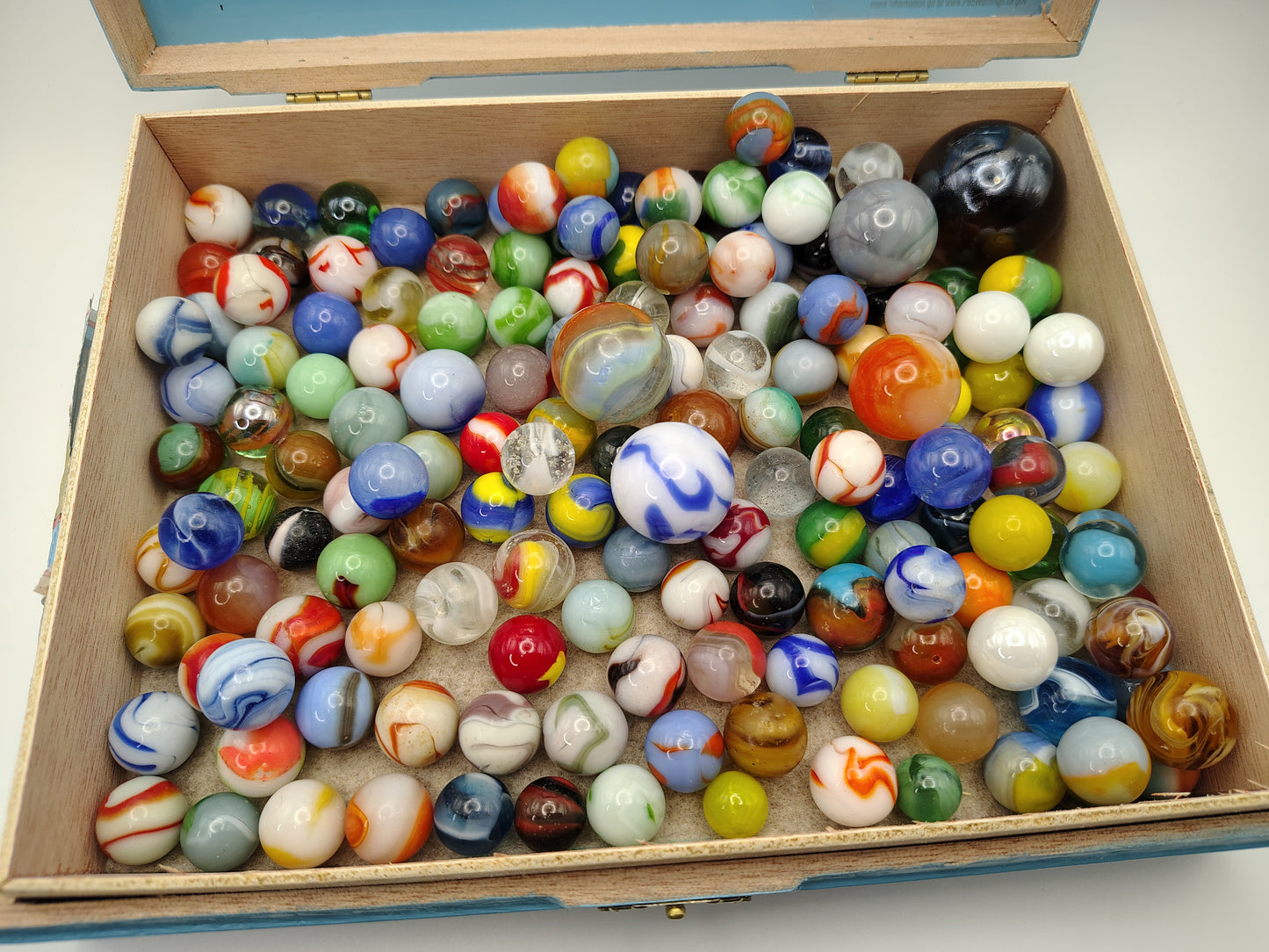 Cigar Box full of Mixed Marbles - Most Vintage - couple of Contemporary NM- to NM+