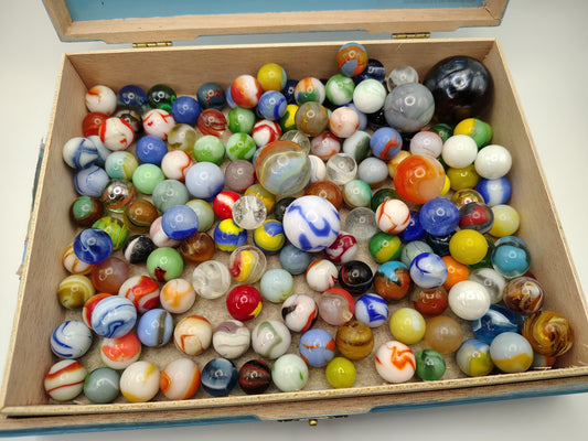 Cigar Box full of Mixed Marbles - Most Vintage - couple of Contemporary NM- to NM+