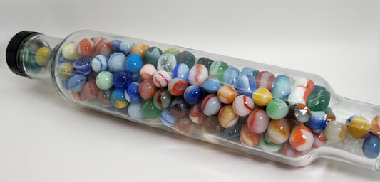 Almost 2.5lbs - ALL PELTIER RAINBO marbles in vintage glass rolling pin NM-M