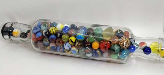 2.5lbs of Vintage & Contemporary Marbles in a glass rolling pin NM-M