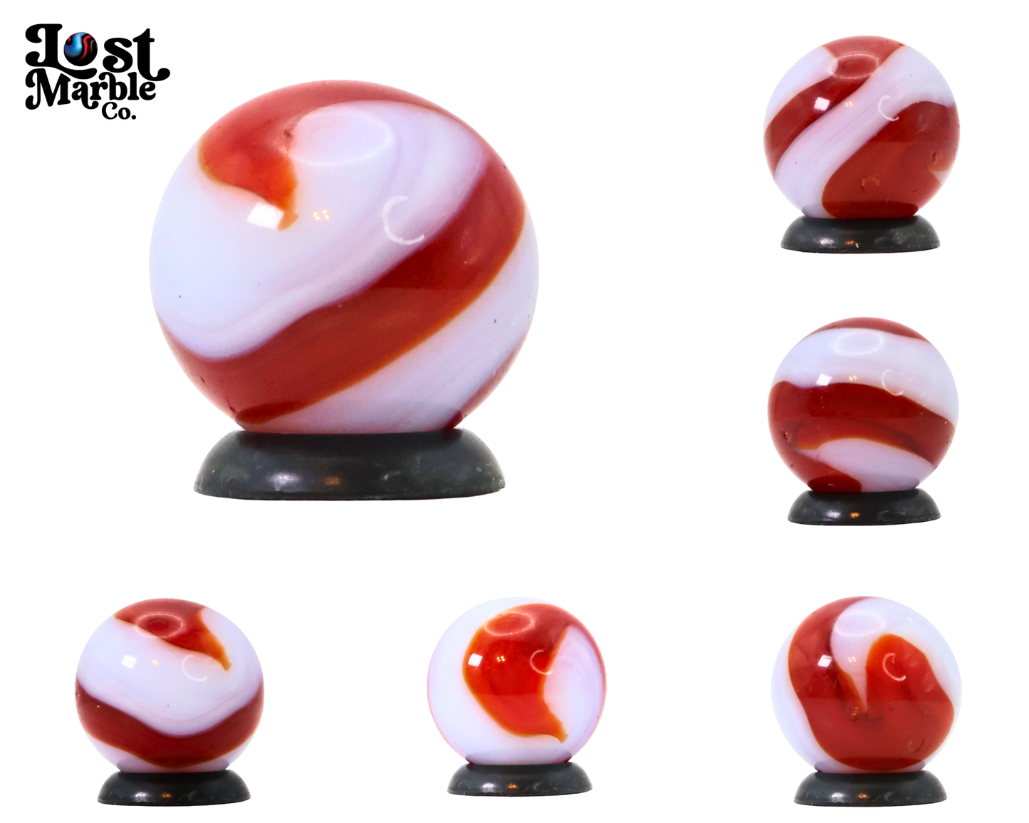 5/8" Akro Agate Corkscrew marble white base, translucent red stripe NM-