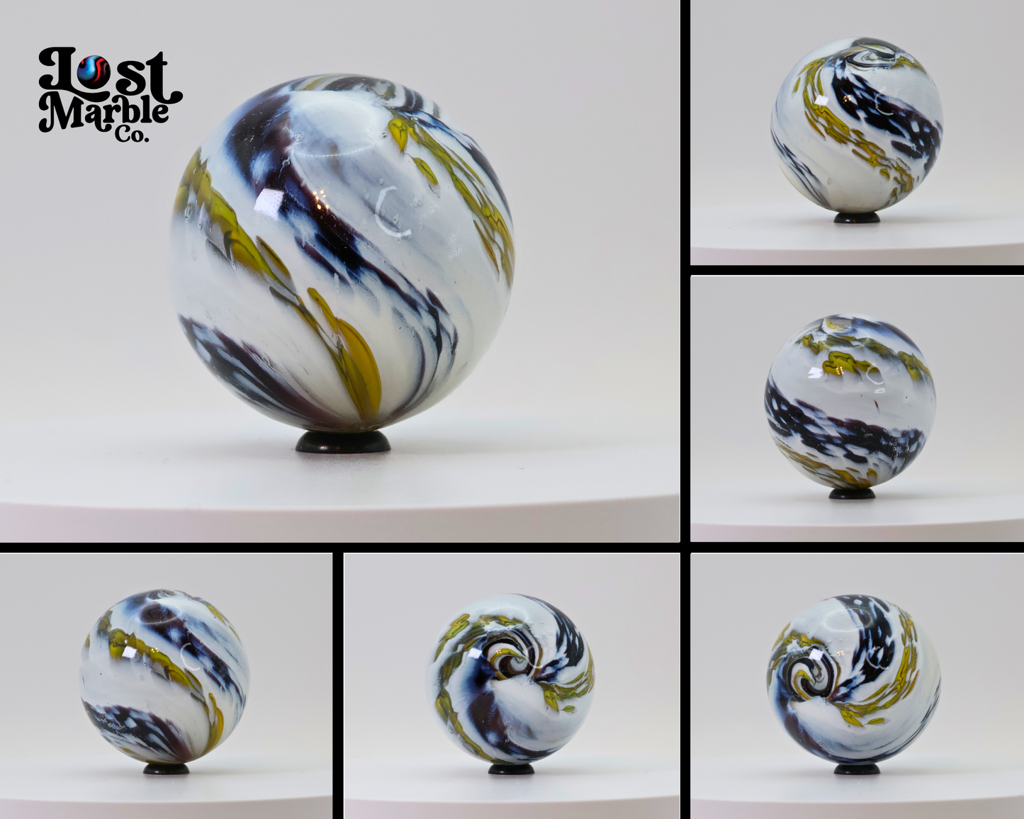 1 15/16" Contemporary Handmade Marble Unsigned, spiral white , yellow, purple M-