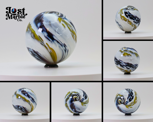 1 15/16" Contemporary Handmade Marble Unsigned, spiral white , yellow, purple M-