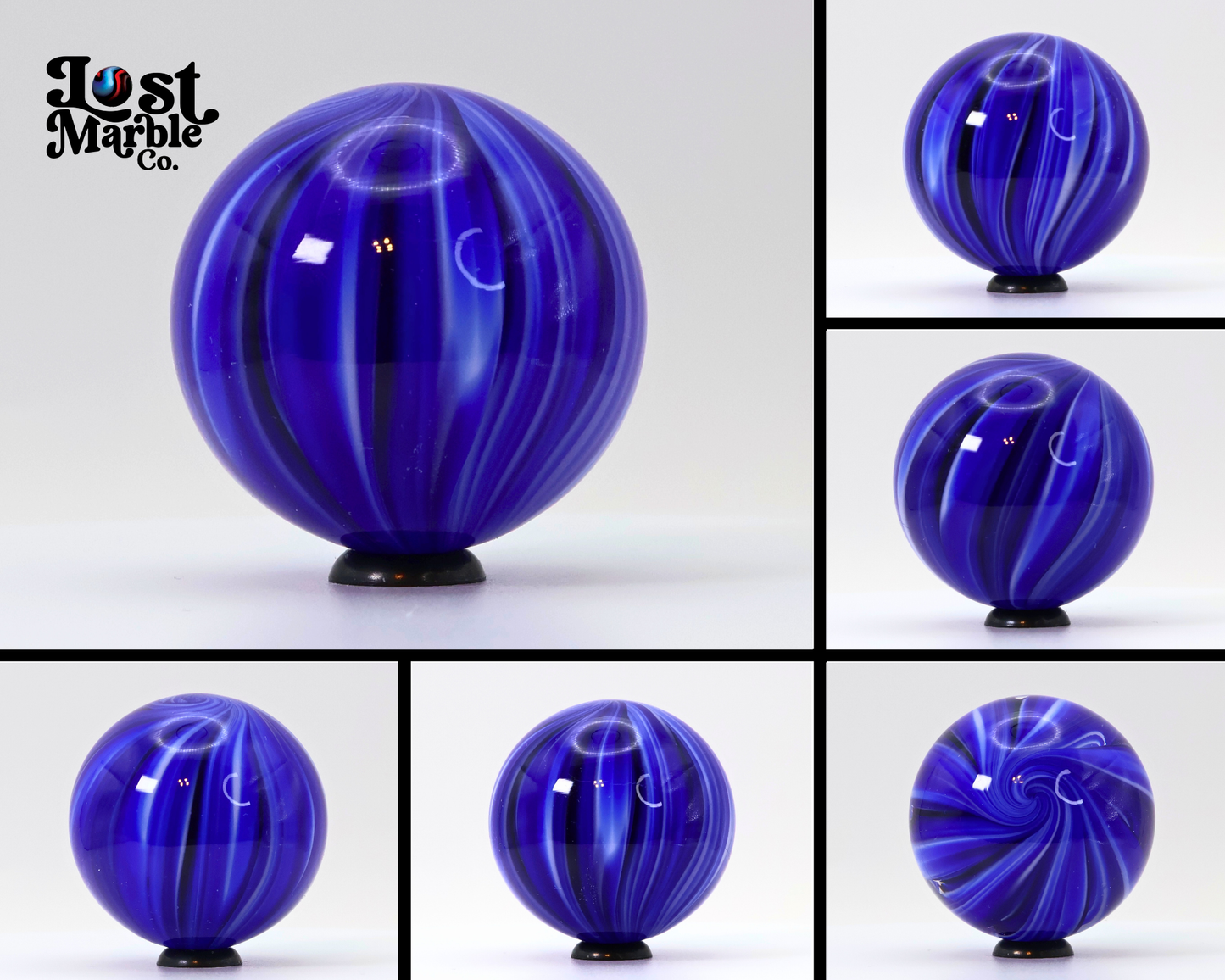 1 9/16" Unsigned Handmade Contemporary Marble- cobalt blue & white spiral M-
