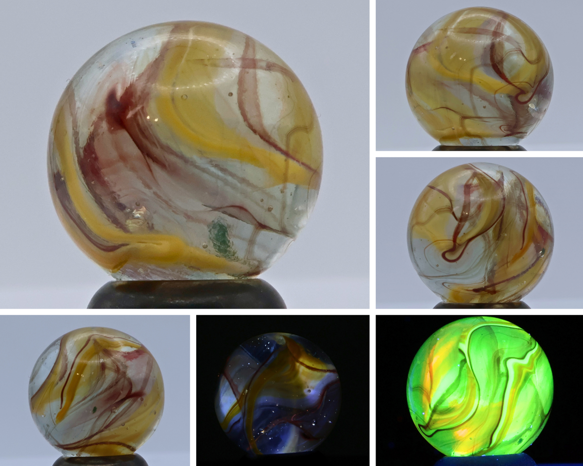 11/16" Swirl Marble Clear Base Yellow & Red (oxblood?) URANIUM gorgeous NM+