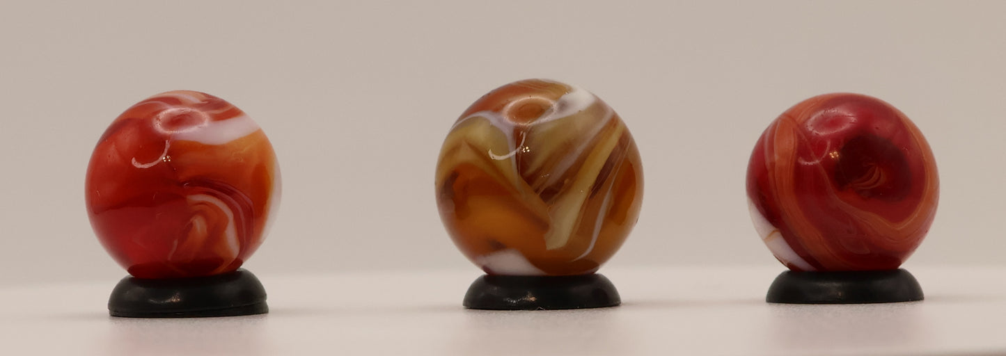 5/8" to 11/16" 3pk of Slag Marbles Amber & Red Drizzle  & 9 pattern NM+ to M